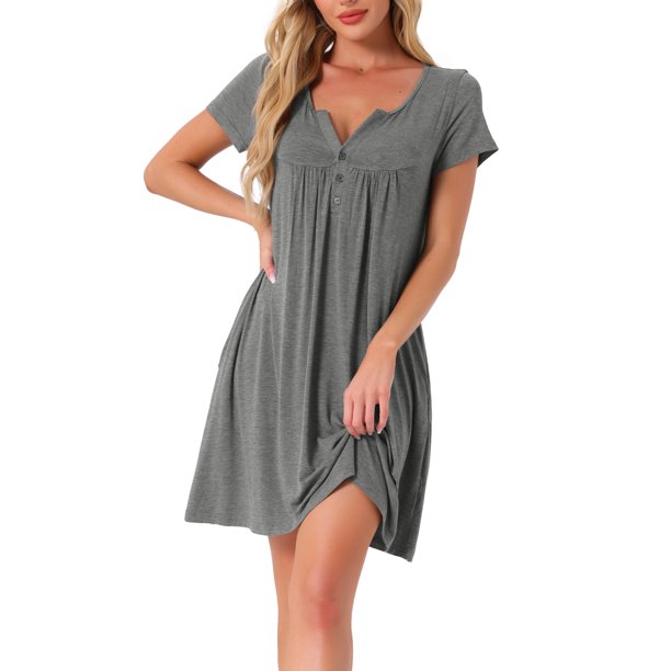 INSPIRE CHIC Vestido de Dormir para Mujer con Cuello en V, Manga Corta, Abertura Lateral y Ribete en Contraste para Primavera Verano S Gris