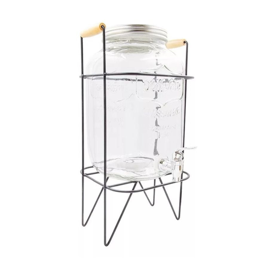 Click Ventas - Dispensador De Bebidas De Vidrio 5l Soporte Metal Con Asas