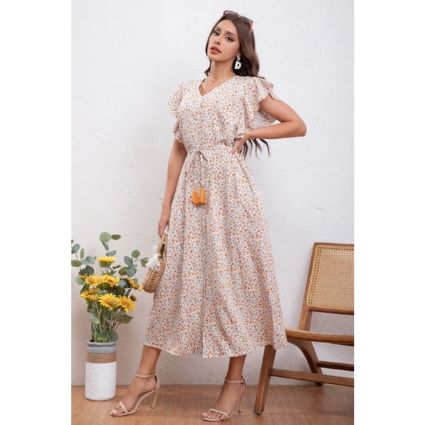 Vestido Largo Primavera Mujer Manga Corta Cuello V Calidad 271