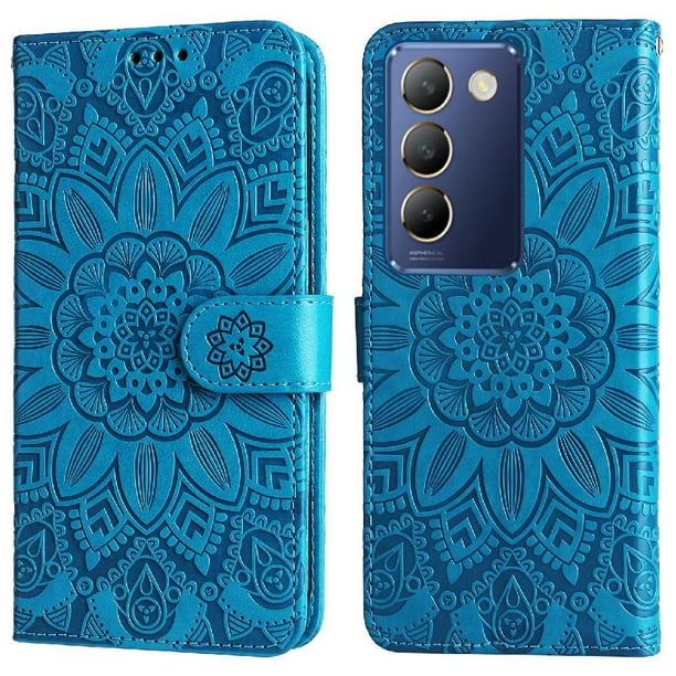 Funda tipo cartera FOXDOCK para Vivo Y200E 5G , diseño girasol en relieve, cuero PU, cierre magnético, soporte y tarjetero