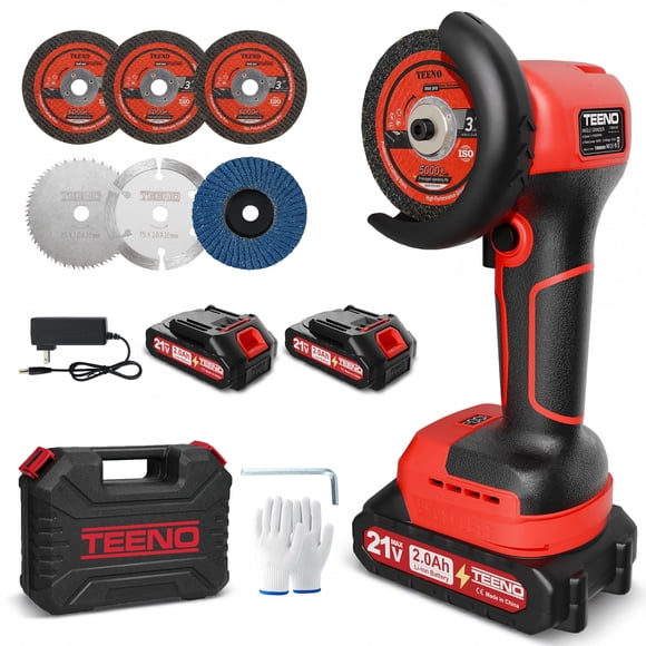 Amoladora angular inalámbrica TEENO 21V 3" mini kit 2x2.0Ah