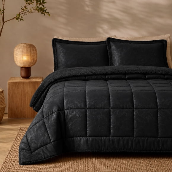 CUBRECAMA MARTINÉ MICROFIBRA EMBOSSED SONYA CON SHERPA 2.5 PLAZAS NEGRO – 260 X 250 CM