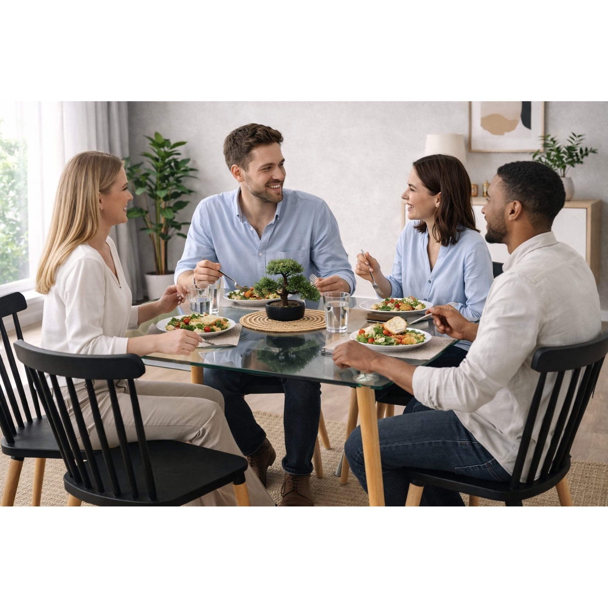 Vitelio - Comedor Mesa De Vidrio 120x80 + 4 Sillas Windsor Negras