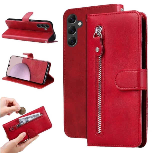 Funda tipo cartera para Samsung Galaxy A14 5G con bolsillo con cremallera y ranuras para tarjetas – Función de soporte Rojo