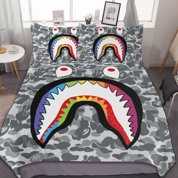 Hip Hop Camouflage Bape SharkBedding Sets 3 Pieces Warm Soft Duvet Cover Set for Fans Kids Teens Girls Room Decor Lightweight Breathable