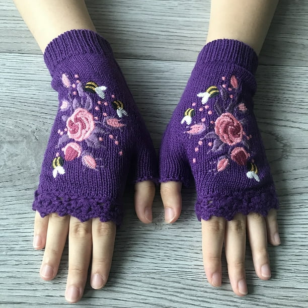 Flower Embroidery Gloves - Handmade Knit Fingerless Gloves for Women