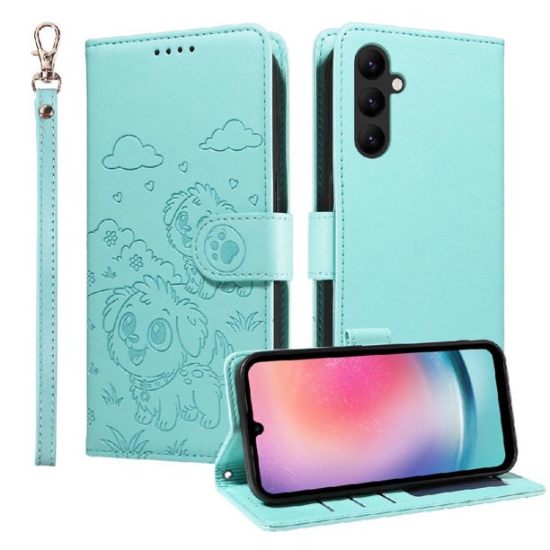 Funda Cartera para Samsung Galaxy A24 4G Perro Cachorro Grabado con Tarjetas Soporte Correa Verde