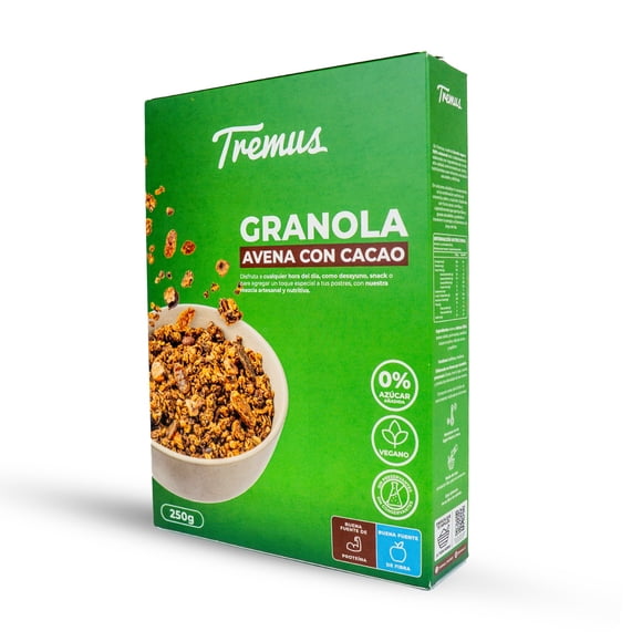 Granola Avena con cacao sin Azúcar Vegano 250 gr Marca Tremus