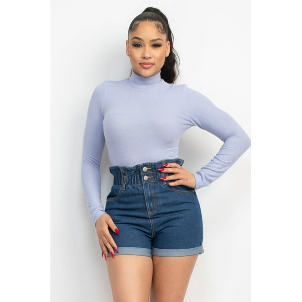 Saronite Blusa Básica de Manga Larga con Cuello Alto de Rayón, Azul (para Mujer)