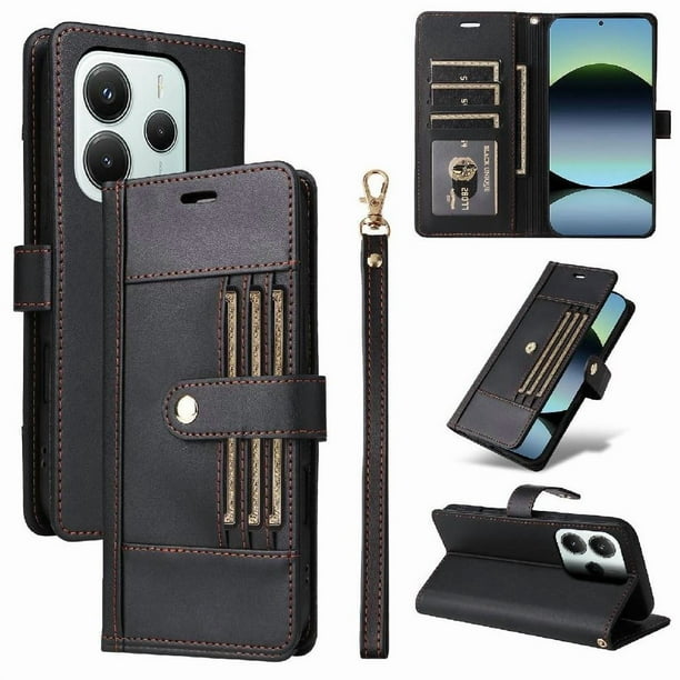 FOXDOCK Funda tipo Cartera para Xiaomi Redmi Note 14 5G – Cubierta de Cuero PU con Múltiples Ranuras, Bolsillo para Efectivo y Correa de Muñeca