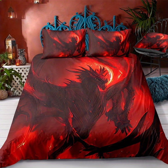 Three-Piec-e Set Beddi-ng Set Myst-erious Dra-gon Beddi-ng Suit with Pringting -Soft and Com-fortab-le Q-uilt- Cover -Suitable- for Bedroom and Gue-st Room