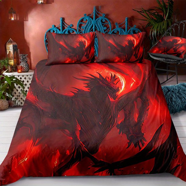 Three-Piec-e Set Beddi-ng Set Myst-erious Dra-gon Beddi-ng Suit with Pringting -Soft and Com-fortab-le Q-uilt- Cover -Suitable- for Bedroom and Gue-st Room