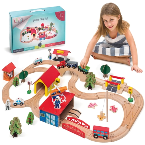 Set De Trenes De Madera De 69 Piezas Con Rieles Y Trenes De Más De 3 Años