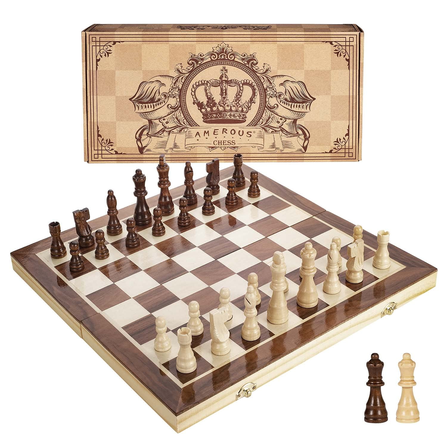 Juego De Ajedrez Amerous Magnético De Madera De 38 Cm Con 2 Reinas Adicionales