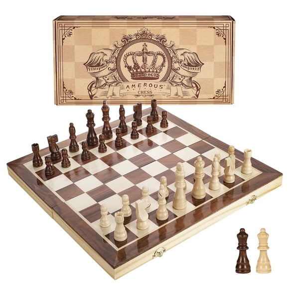 Juego de ajedrez AMEROUS magnético de madera de 38 cm con 2 reinas adicionales