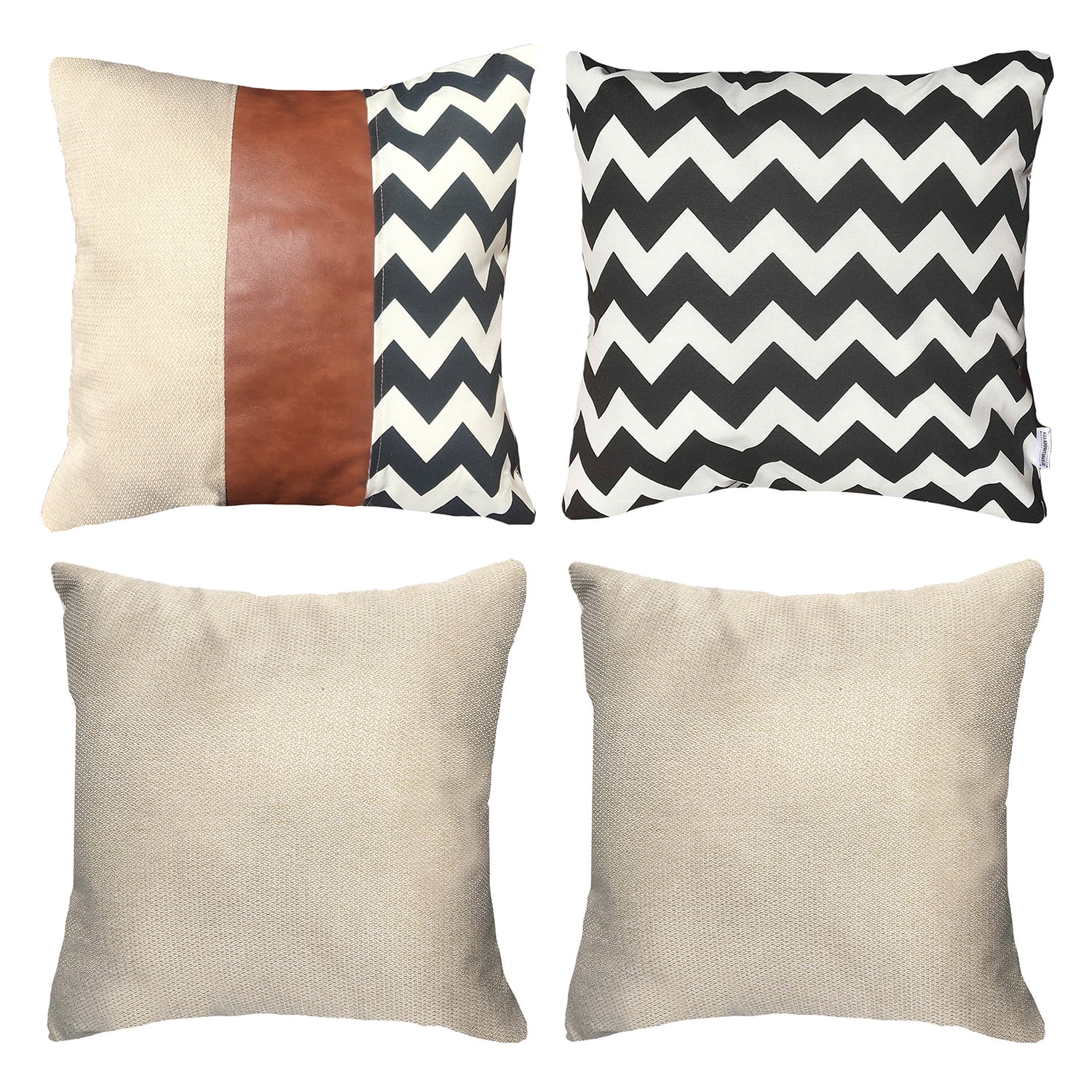 Elizabeth Peper - Pack 4 Fundas Cojin Decorativo Ecocuero Zigzag Negro 45x45