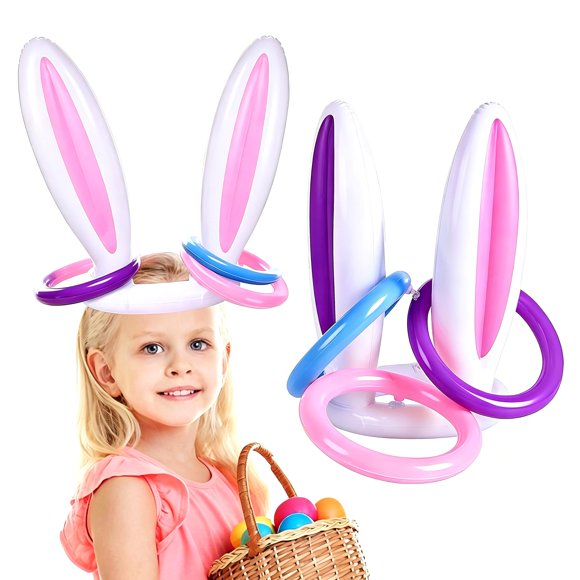 Juego de lanzamiento de aros A-SZCXTOP - Pack de 2 sombreros inflables de orejas de conejo + 8 aros para fiesta de Pascua