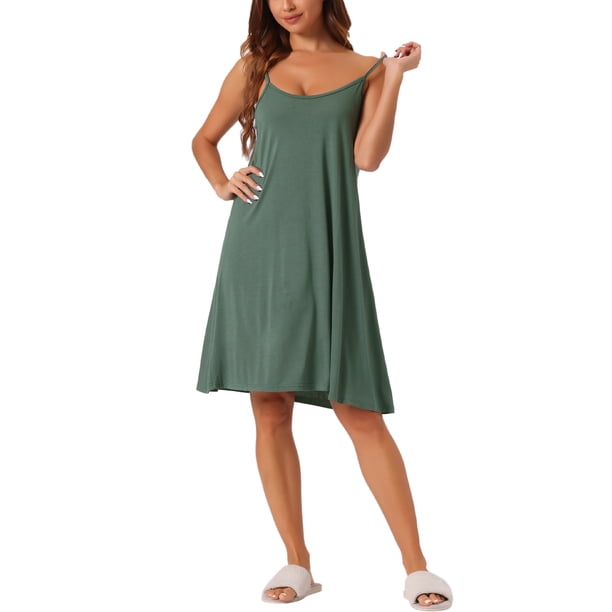 INSPIRE CHIC Vestido de Noche para Mujer de Mezcla de Algodón sin Mangas con Tirantes Finos y Detalle de Espalda Cruzada, Ropa de Casa hasta la Rodilla, Talla L, Verde