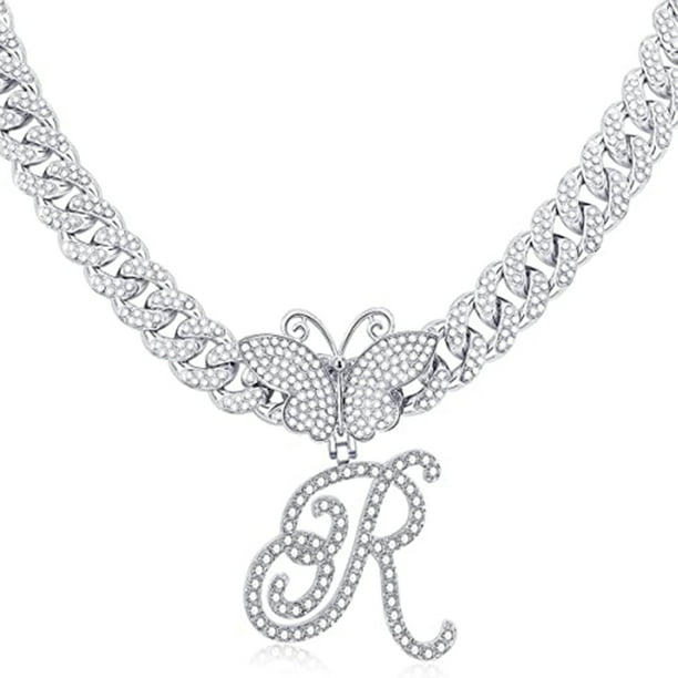 Stylish Hip Hop Cuban Butterfly Necklace with White Letter Initials