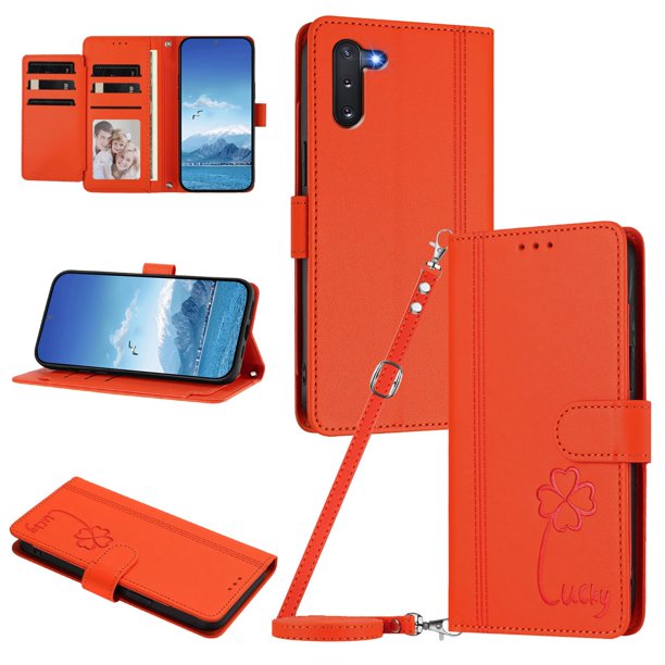 Funda Cartera Trébol para Samsung Galaxy Note 10 con Ranuras Tarjetas y Carga Inalámbrica Naranja