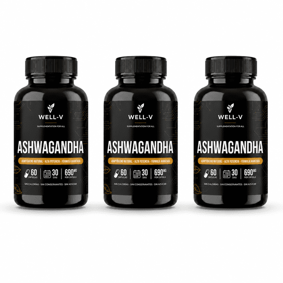 Pack 3x Ashwagandha Alta Potencia 690mg Adaptógeno Natural WELL-V - 180 Cápsulas (3 Frascos - 90 Días)