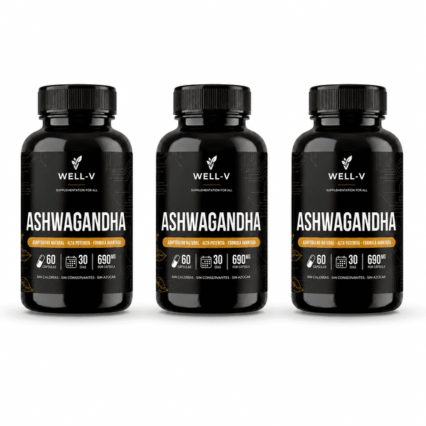 Pack 3x Ashwagandha Alta Potencia 690mg Adaptógeno Natural WELL-V - 180 Cápsulas (3 Frascos - 90 Días)