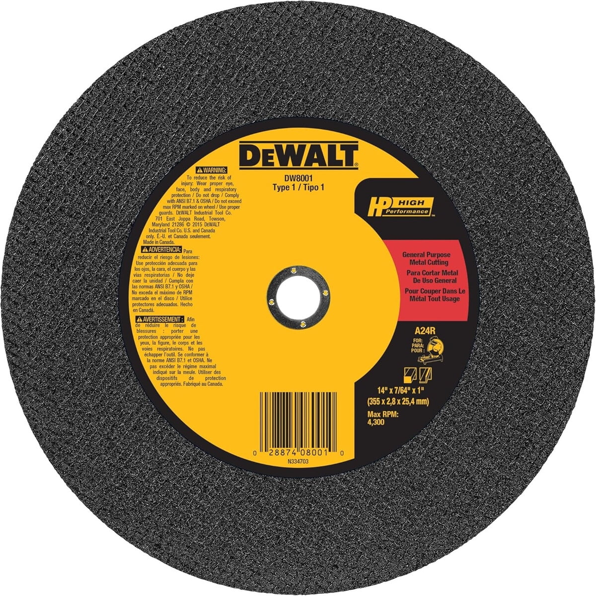 Disco Corte Metal Dewalt Dw8001 14 Pulgadas Óxido De Aluminio