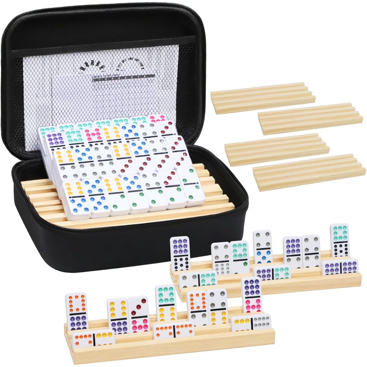 Genérico - Domina Mexican Train Doble 12 Con 8 Bandejas Madera