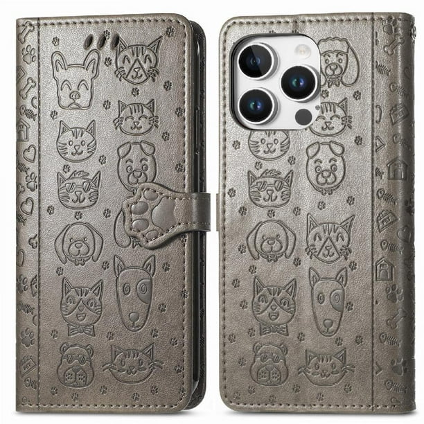 Funda Cartera FOXDOCK para iPhone 16 Pro Max , Flip PU con Relieve de Gatos y Perros, Tarjetero y Soporte