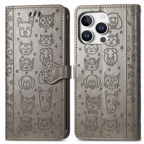 Funda Cartera Foxdock Para Iphone 16 Pro Max , Flip Pu Con Relieve De Gatos Y Perros, Tarjetero Y Soporte