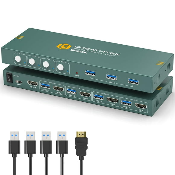 Conmutador KVM GREATHTEK USB 3.0 HDMI 4K @60Hz para 4 ordenadores y 1 monitor