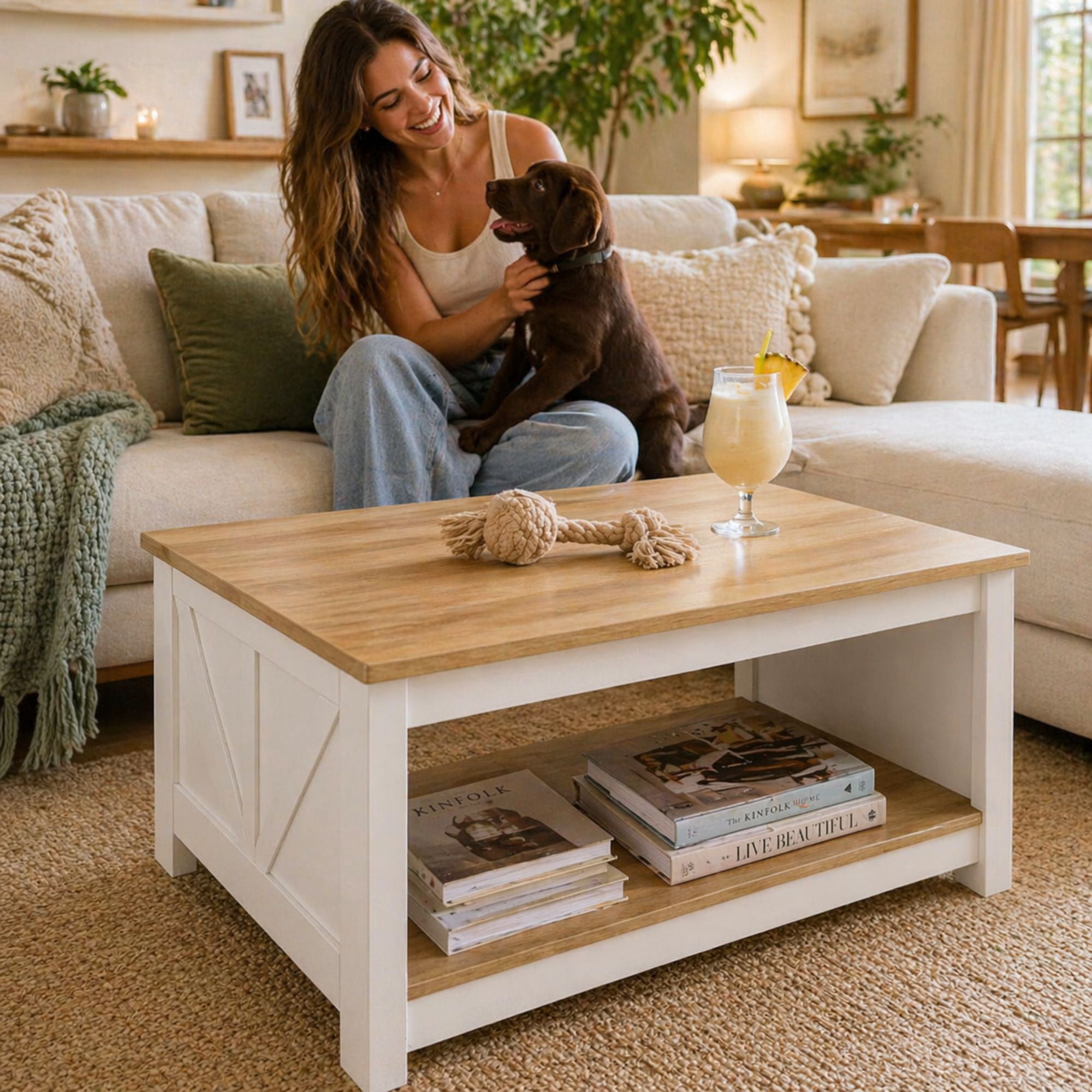Velazio - Mesa De Centro 2 Niveles 80 × 60 × 45 Cm Blanca Y Roble Natural