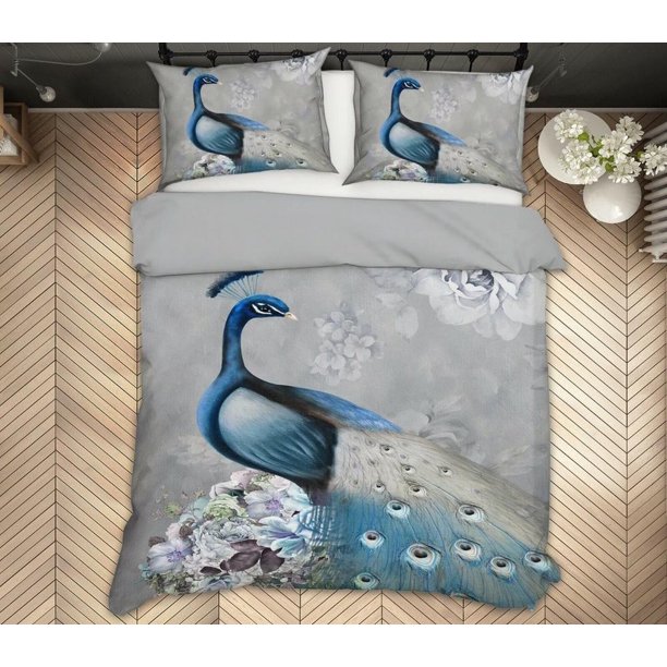 Blue Peacock Quilt Duvet Cover Set Pillowcase Kids Doona Cover Bedding3-Piece Bedding Set