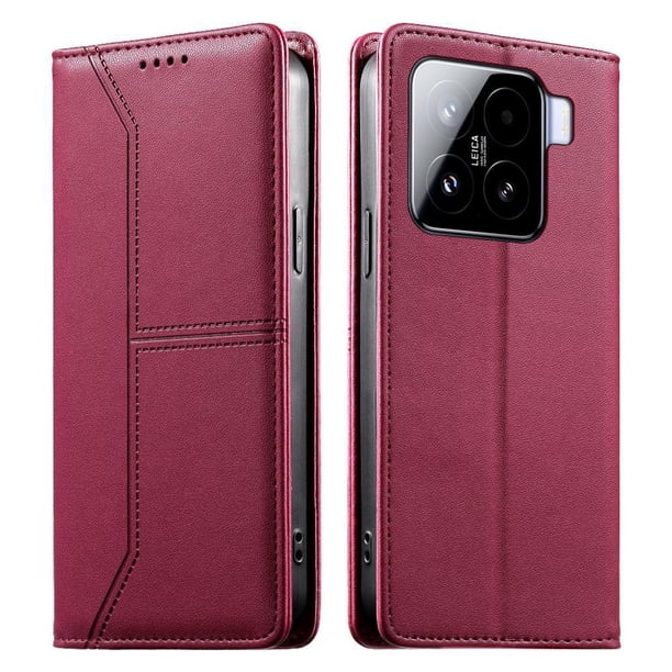 Funda tipo cartera con bloqueo RFID para Xiaomi 15 cubierta magnética de cuero con tapa y soporte Rojo