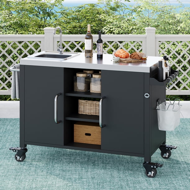 K&K 55.5" Outdoor Kitchen Island with Sink, Metal Grill Cart Table with 304 Stainless Steel Sink, Outdoor Bar Cart Sink Station with 4 Lockable Wheels for Pizza Prep & BBQ, L 55.5" x W 20" H 36.7"