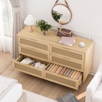 M&Ms - 51.18""6-Drawers Rattan Storage Cabinet Rattan Drawer With White Drawer Slides,For Bedroom,Living Room,Natural