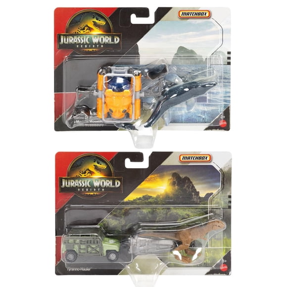 Set de juguetes de metal fundido Matchbox Jurassic World Rebirth Tyranno‑Hauler y Mosasaurus Sea Sub, 3 años +, JGL74‑956A