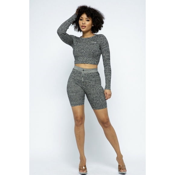 Saronite Conjunto de 2 Piezas de Top Corto de Punto de Manga Larga con Cuello Redondo Acanalado y Shorts de Ciclista de Cintura Alta Basics, Gris (para Mujer)