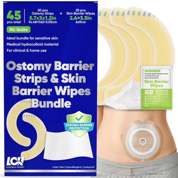 Paquete de 45 tiras y toallitas para ostomía Livaclean Health