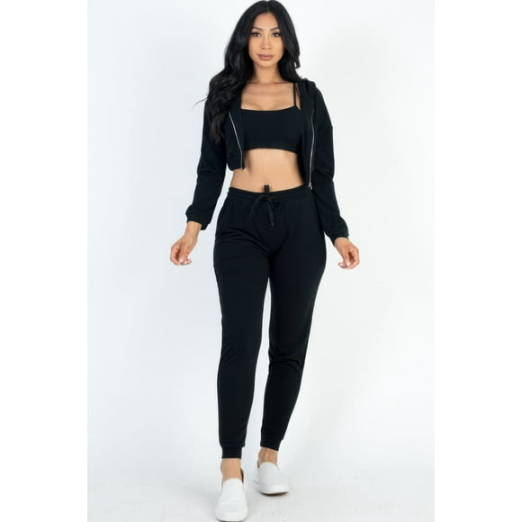 Conjunto de Camisola Corta de Felpa Francesa con Chaqueta con Cremallera y Joggers