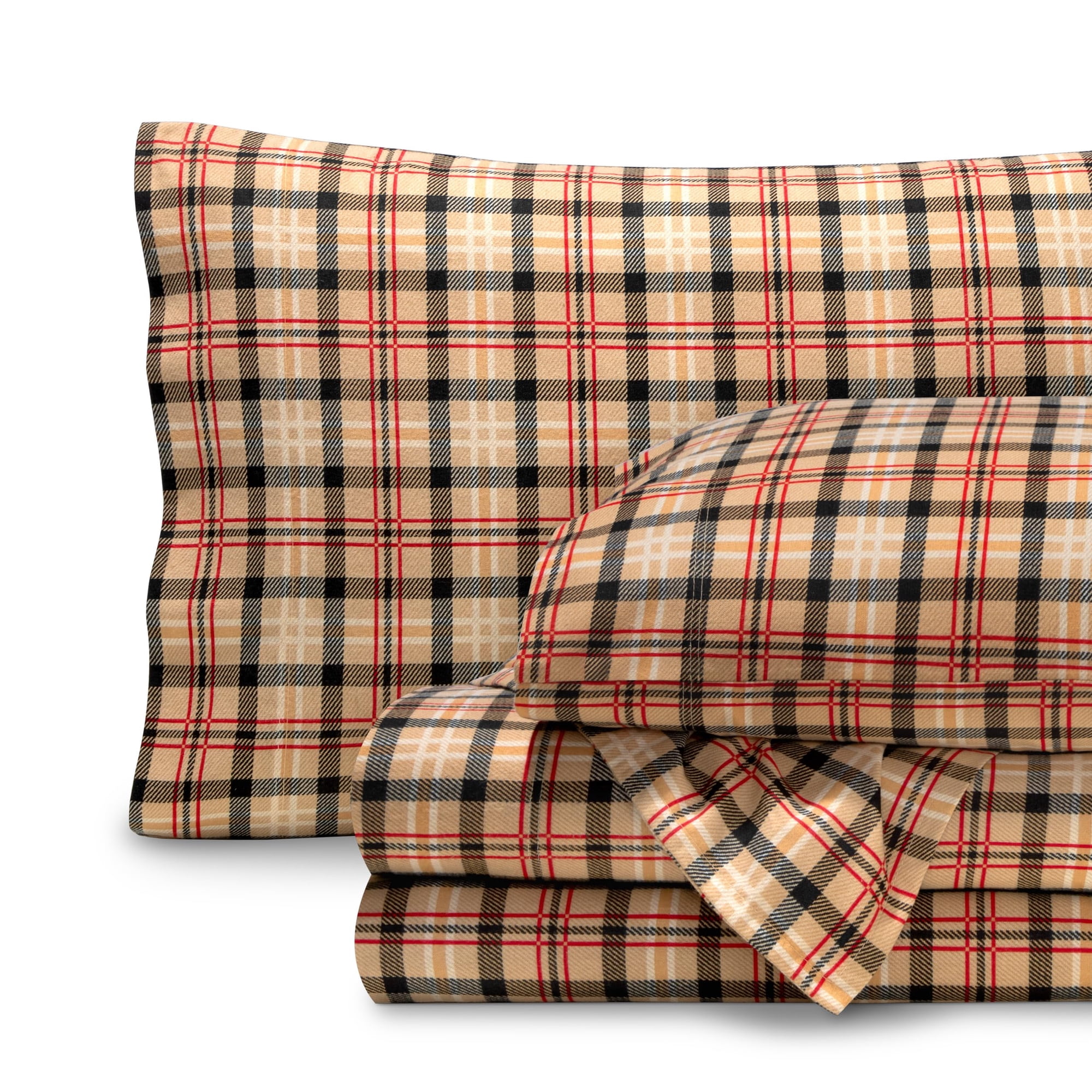 Juego De Sábanas Bare Home De Franela 100% Algodón A Cuadros, Color Rojo Queen