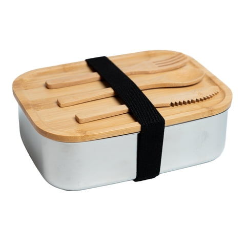 Wakeshome - Lonchera De Acero Inoxidable Y Bambú Fiambrera Con Tapa Y Cubiertos Colación