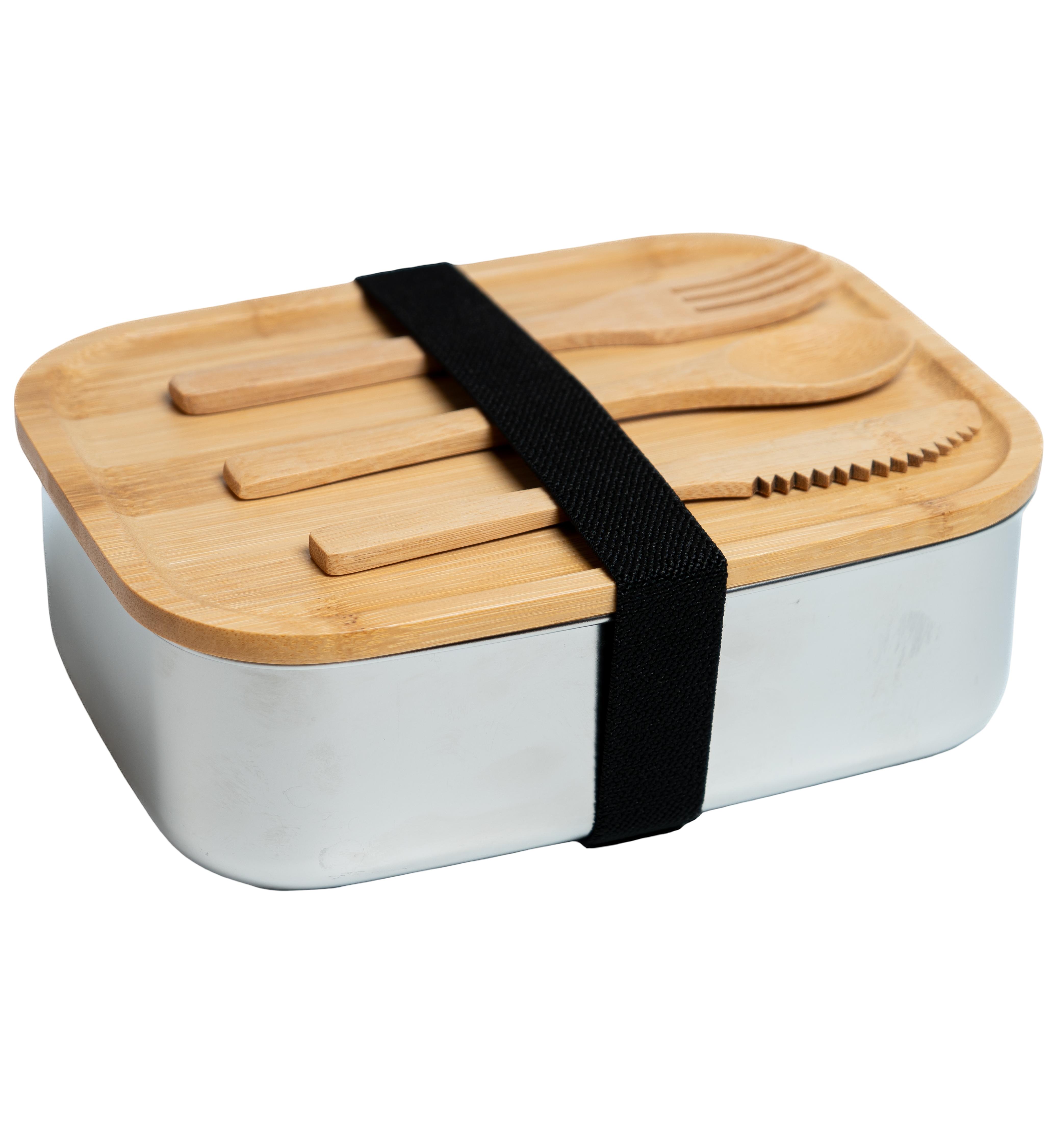 Wakeshome - Lonchera De Acero Inoxidable Y Bambú Fiambrera Con Tapa Y Cubiertos Colación