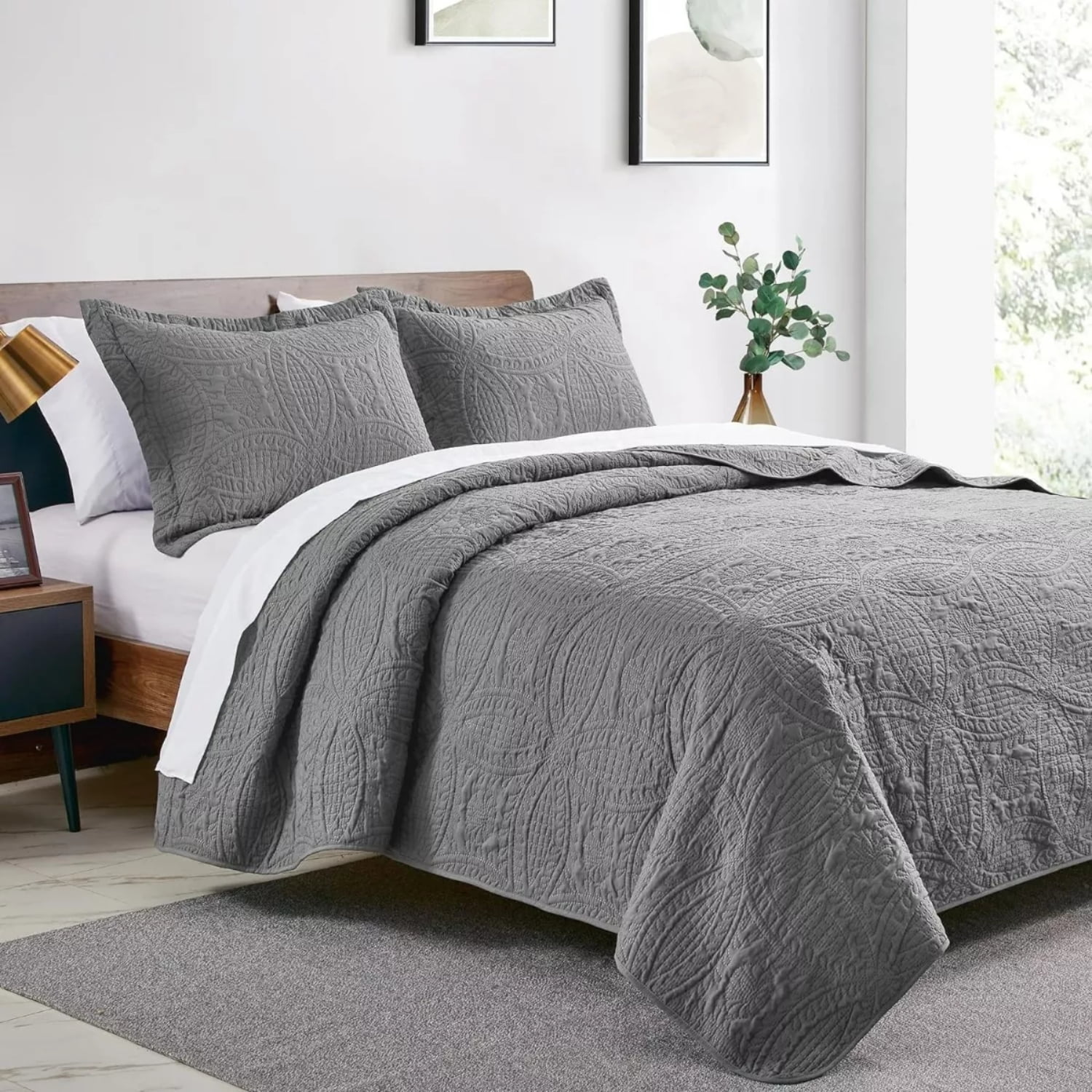 Importclick - Cubrecama Quilt Reversible Queen 228x228 Cm Más Fundas Almohada Gris