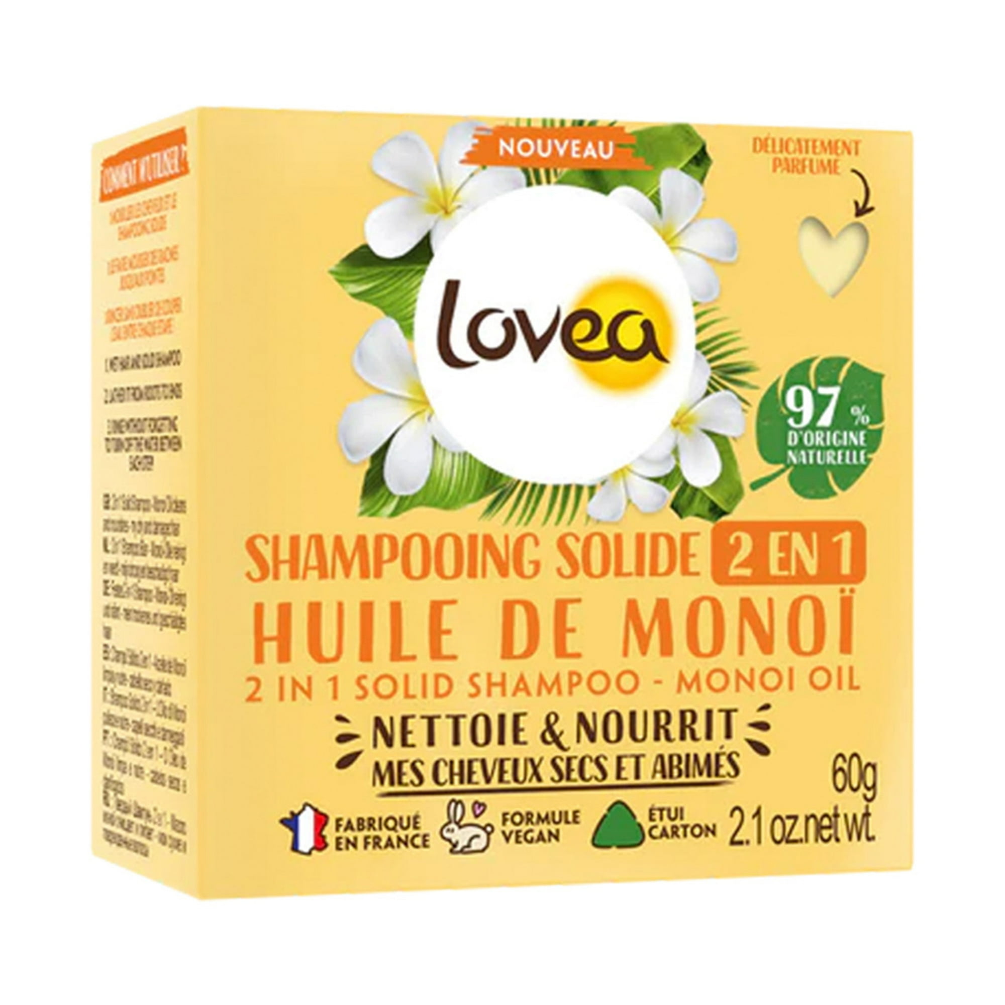 Lovea - Shampoo Solido 2 En 1 Monoi Cabello Seco Y Dañado 60gr