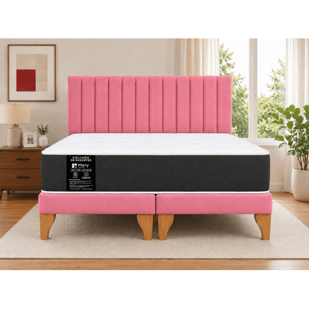 Cama 2 Plazas Completa Rosado | Base Europea + Colchón Mery Desing 22CM + Respaldo Tapizado