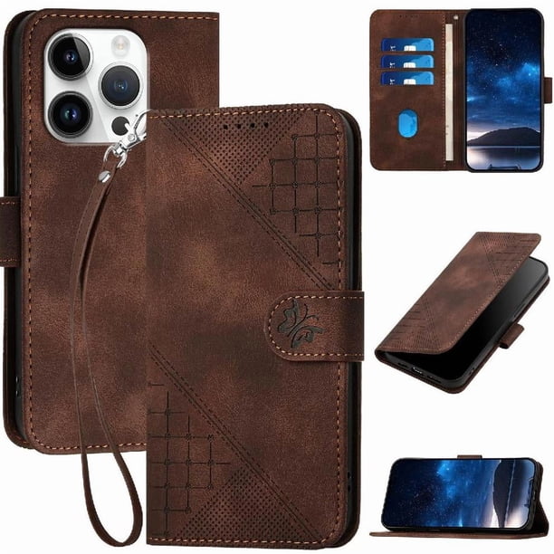 Funda Flip Premium Fibra de Carbono para iPhone 15 Pro con Soporte y Cierre Marrón