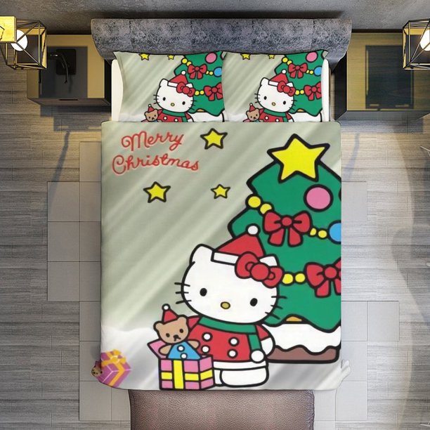 Merry Christmas Hello Kitty 3 Pieces Duvet Cover Set Full Size Super Soft Fade Resistant Microfiber