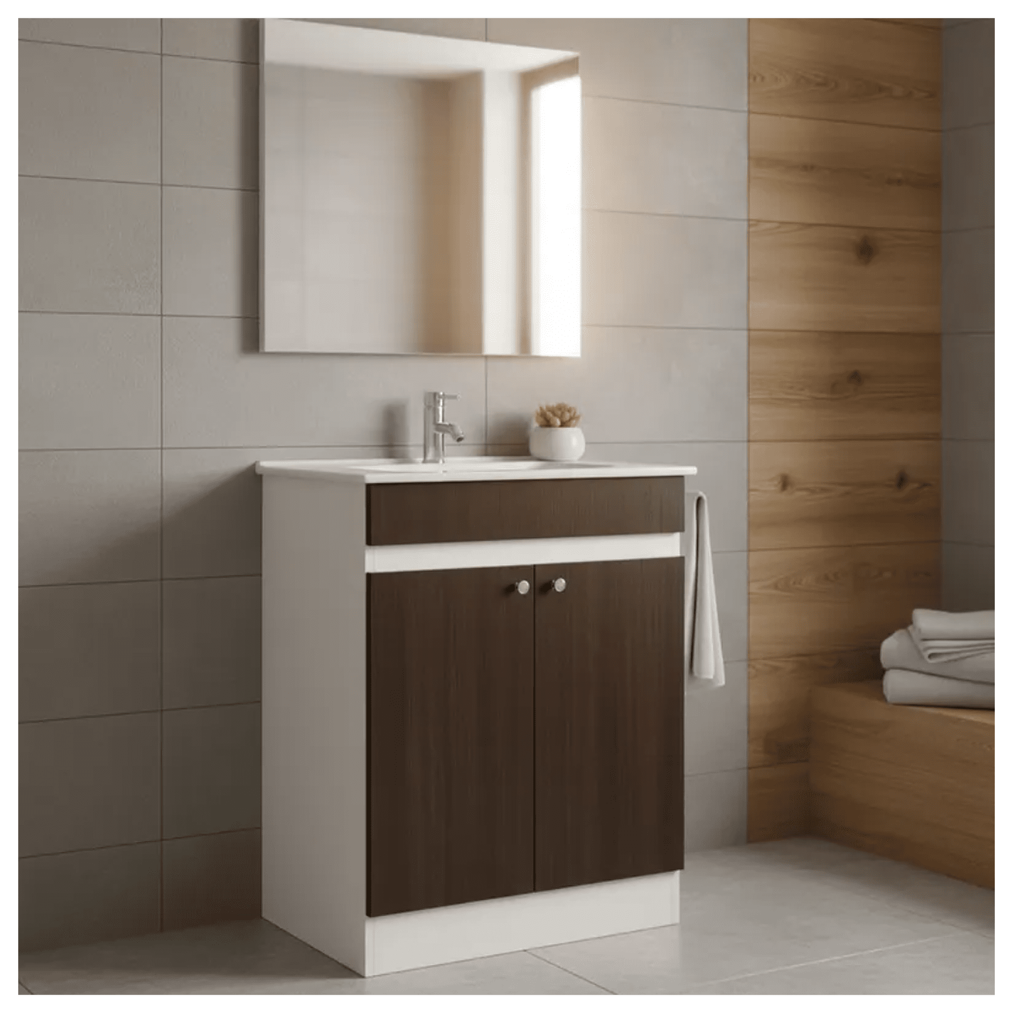 Modern Space - Mueble Vanitorio 60x47 Cm Café Con Lavamanos Y Grifería ¡listo Para Instalar!