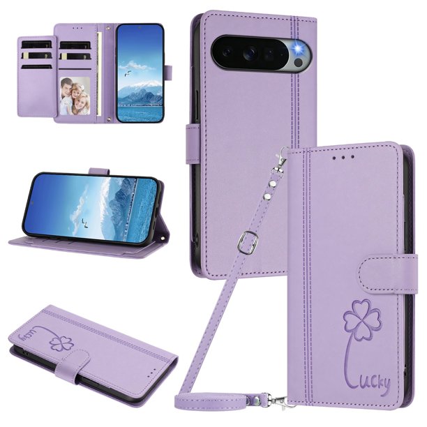 Funda Cartera Trébol para Google Pixel 11 Pro XL con Ranuras Tarjetas y Carga Inalámbrica Morado claro